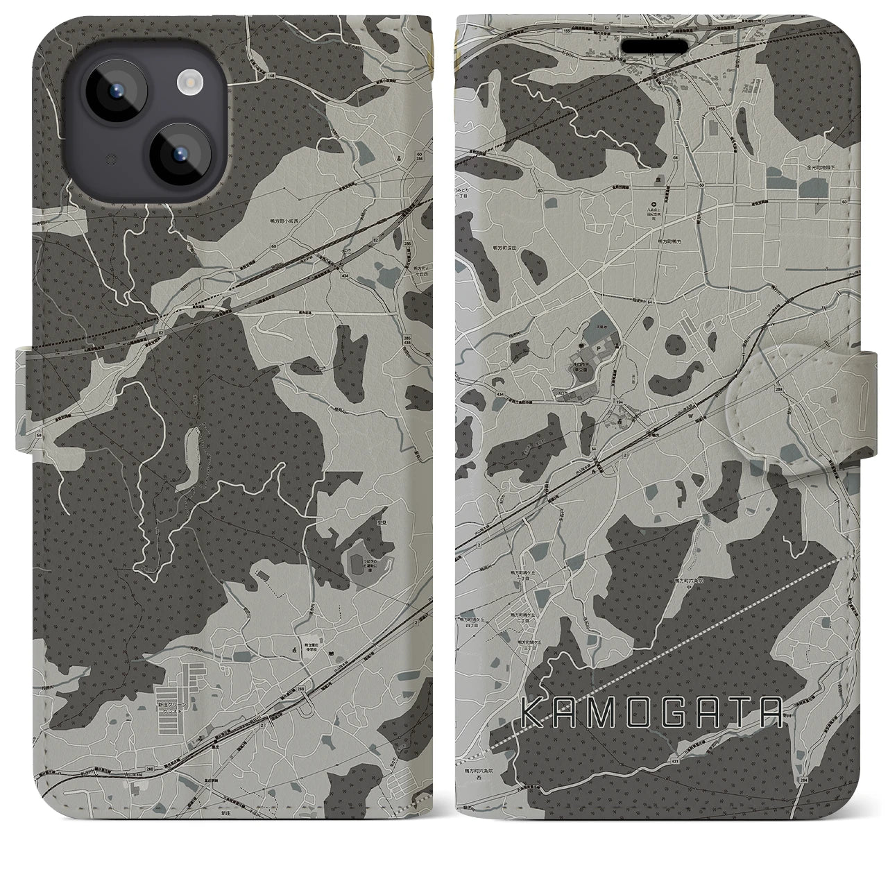 【鴨方(岡山県)】地図柄iPhoneケース(手帳タイプ)モノトーン・iPhone 14 Plus 用