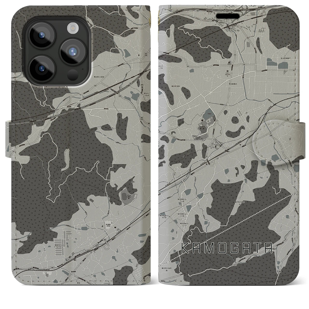 【鴨方(岡山県)】地図柄iPhoneケース(手帳タイプ)モノトーン・iPhone 15 Pro Max 用