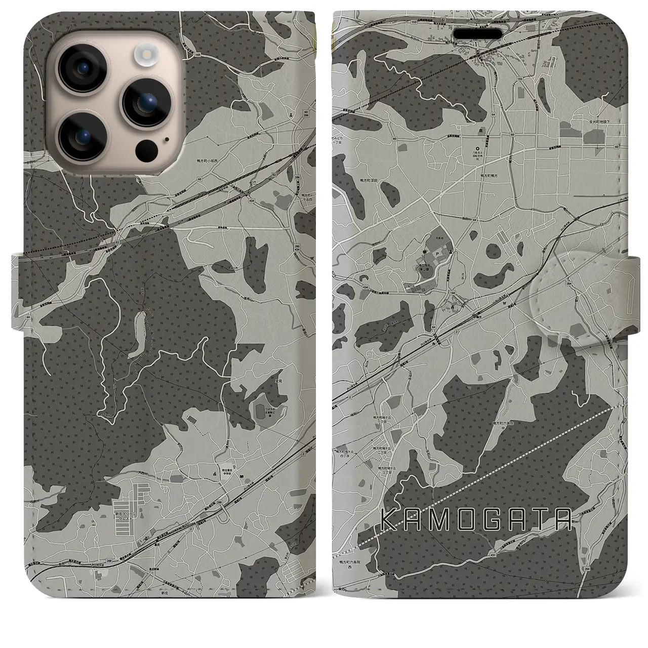 【鴨方(岡山県)】地図柄iPhoneケース(手帳タイプ)モノトーン・iPhone 16 Plus 用