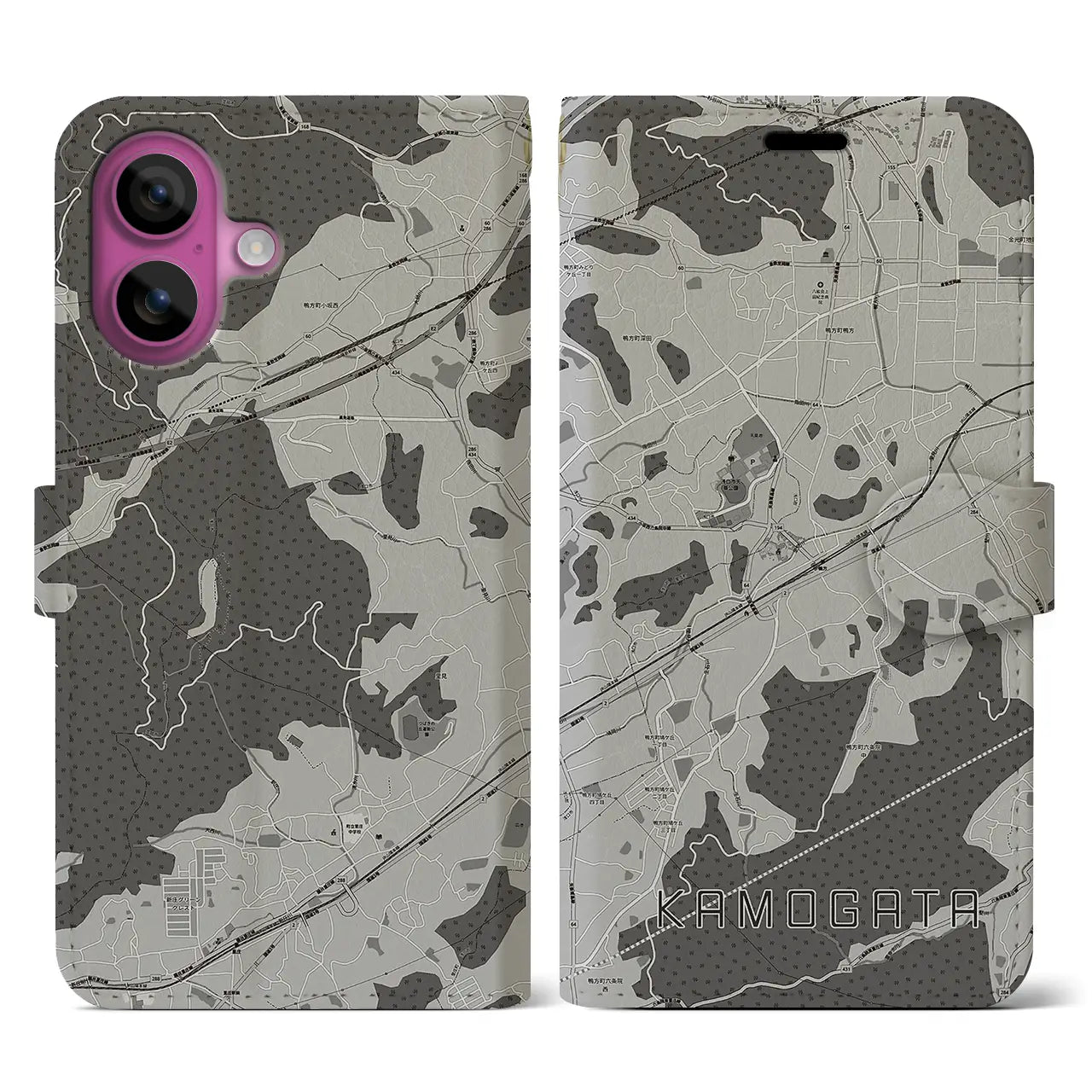 【鴨方(岡山県)】地図柄iPhoneケース(手帳タイプ)モノトーン・iPhone 16 Pro 用