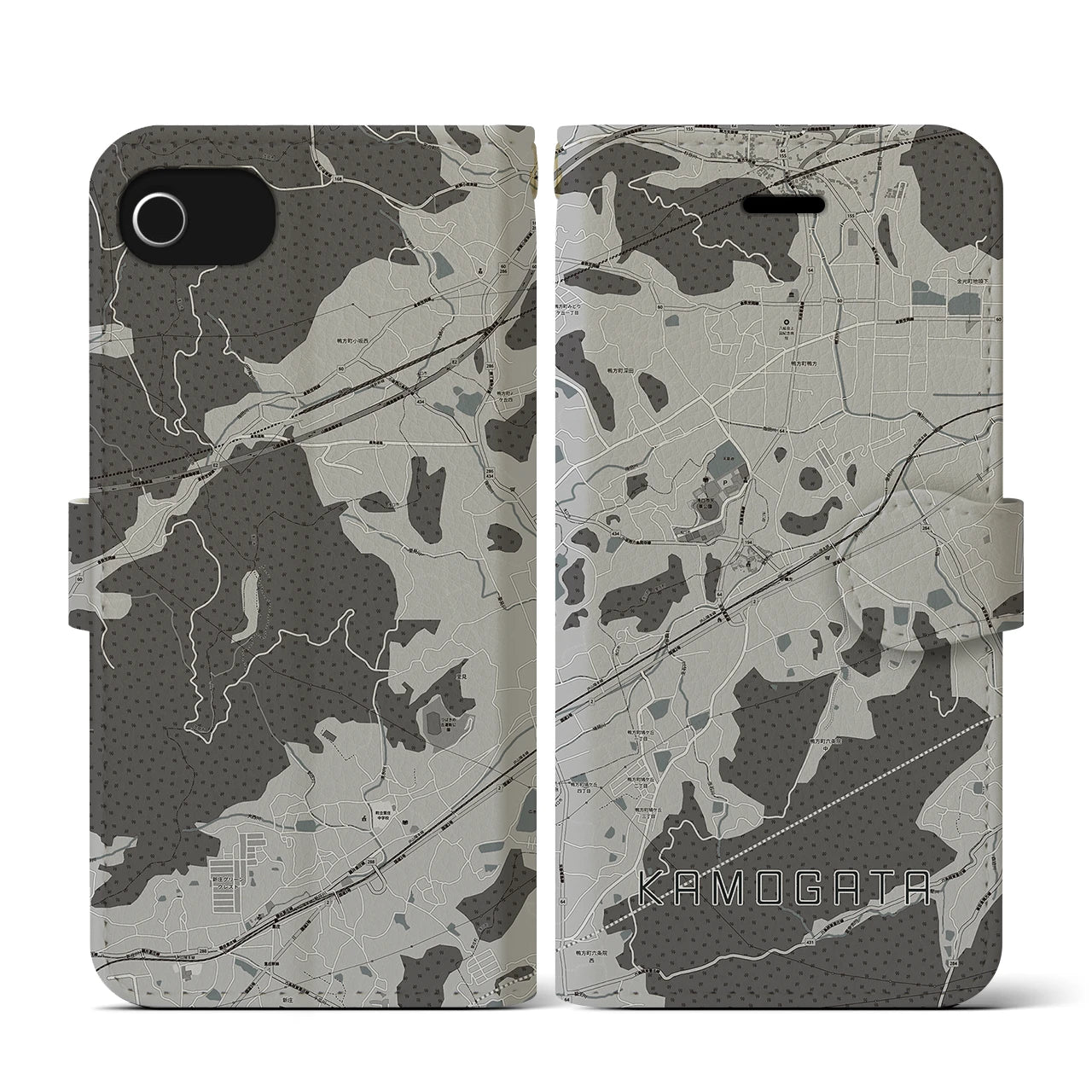 【鴨方(岡山県)】地図柄iPhoneケース(手帳タイプ)モノトーン・iPhone SE(第3 / 第2世代) / 8 / 7 / 6s / 6 用