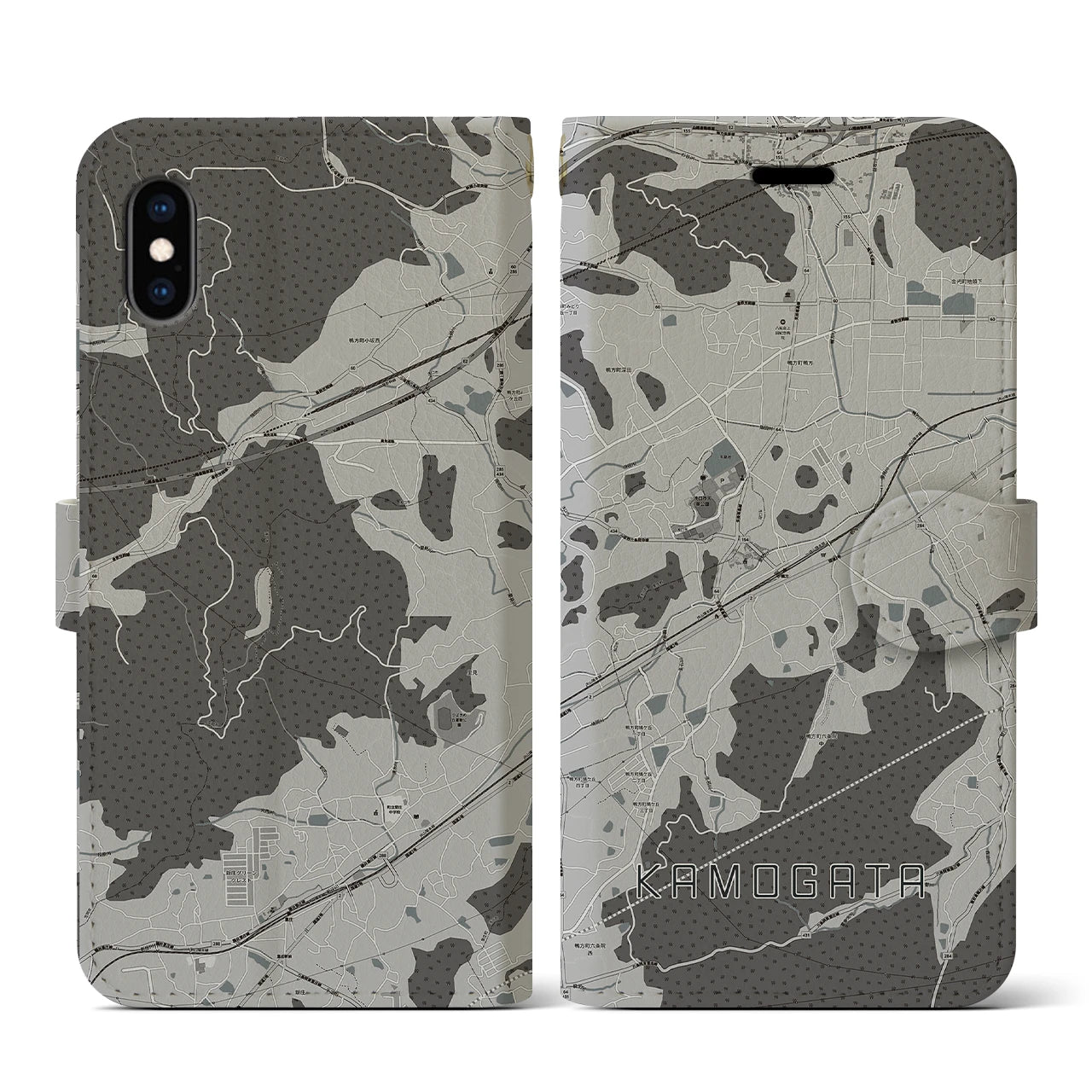 【鴨方(岡山県)】地図柄iPhoneケース(手帳タイプ)モノトーン・iPhone XS / X 用