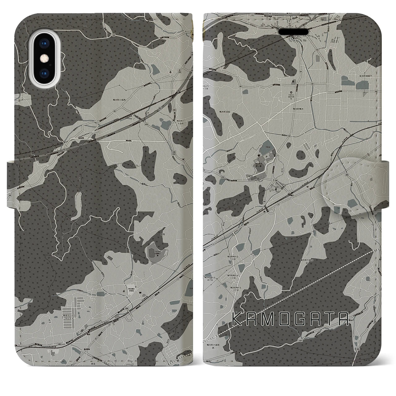 【鴨方(岡山県)】地図柄iPhoneケース(手帳タイプ)モノトーン・iPhone XS Max 用
