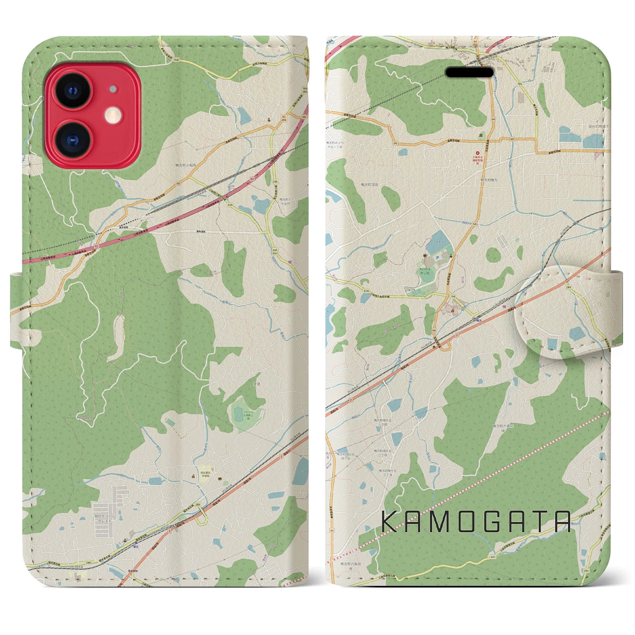 【鴨方(岡山県)】地図柄iPhoneケース(手帳タイプ)ナチュラル・iPhone 11 用