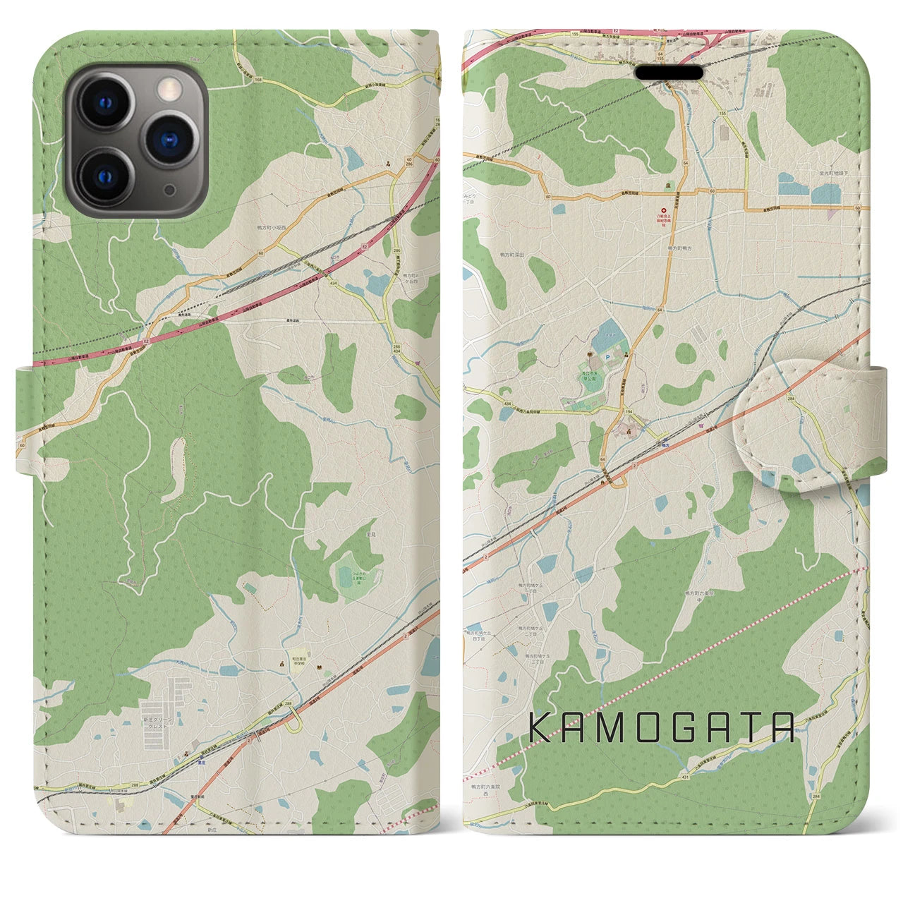 【鴨方(岡山県)】地図柄iPhoneケース(手帳タイプ)ナチュラル・iPhone 11 Pro Max 用