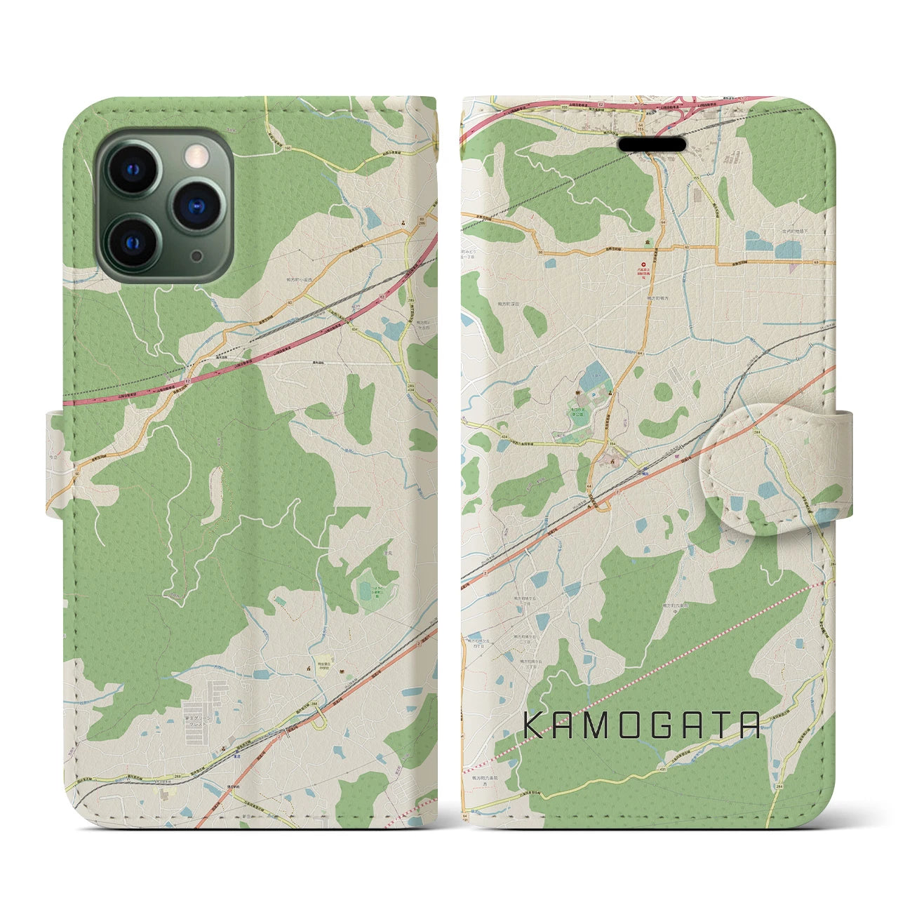 【鴨方(岡山県)】地図柄iPhoneケース(手帳タイプ)ナチュラル・iPhone 11 Pro 用