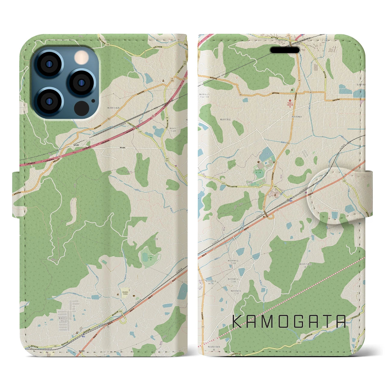 【鴨方(岡山県)】地図柄iPhoneケース(手帳タイプ)ナチュラル・iPhone 12 / 12 Pro 用