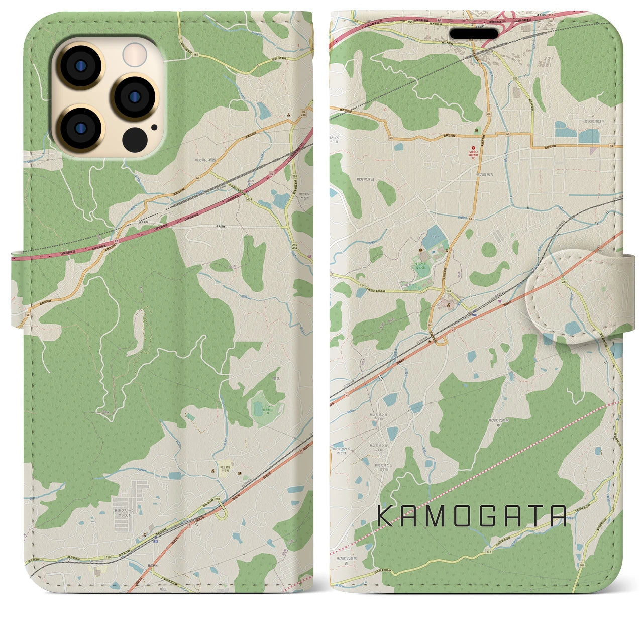 【鴨方(岡山県)】地図柄iPhoneケース(手帳タイプ)ナチュラル・iPhone 12 Pro Max 用