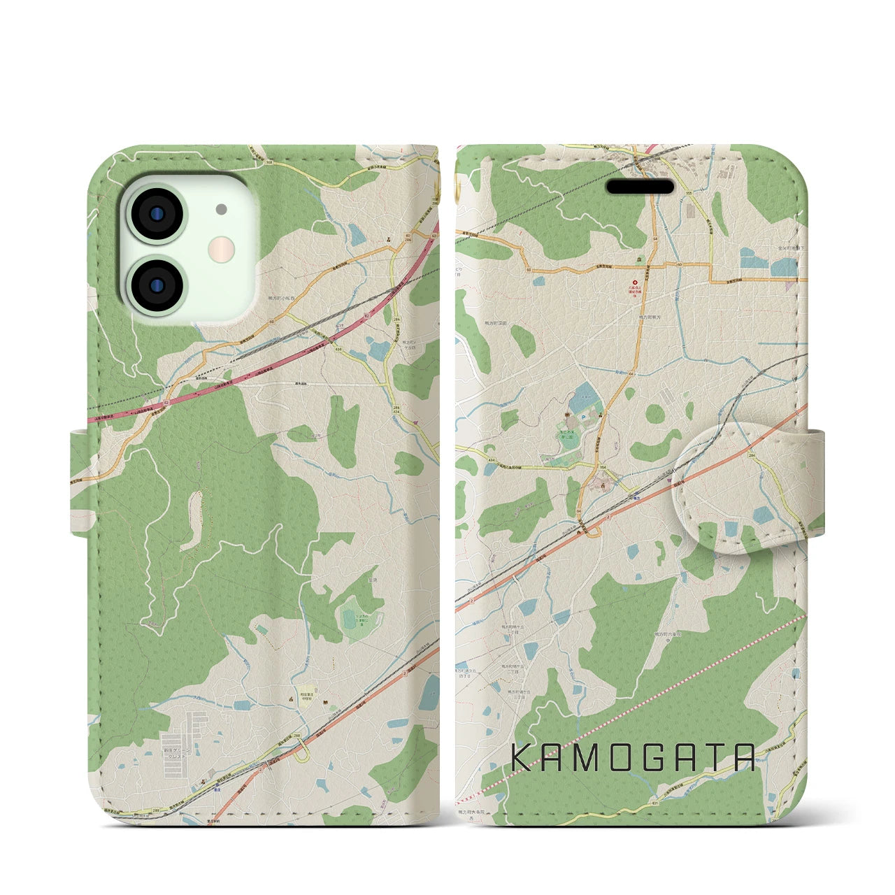 【鴨方(岡山県)】地図柄iPhoneケース(手帳タイプ)ナチュラル・iPhone 12 mini 用