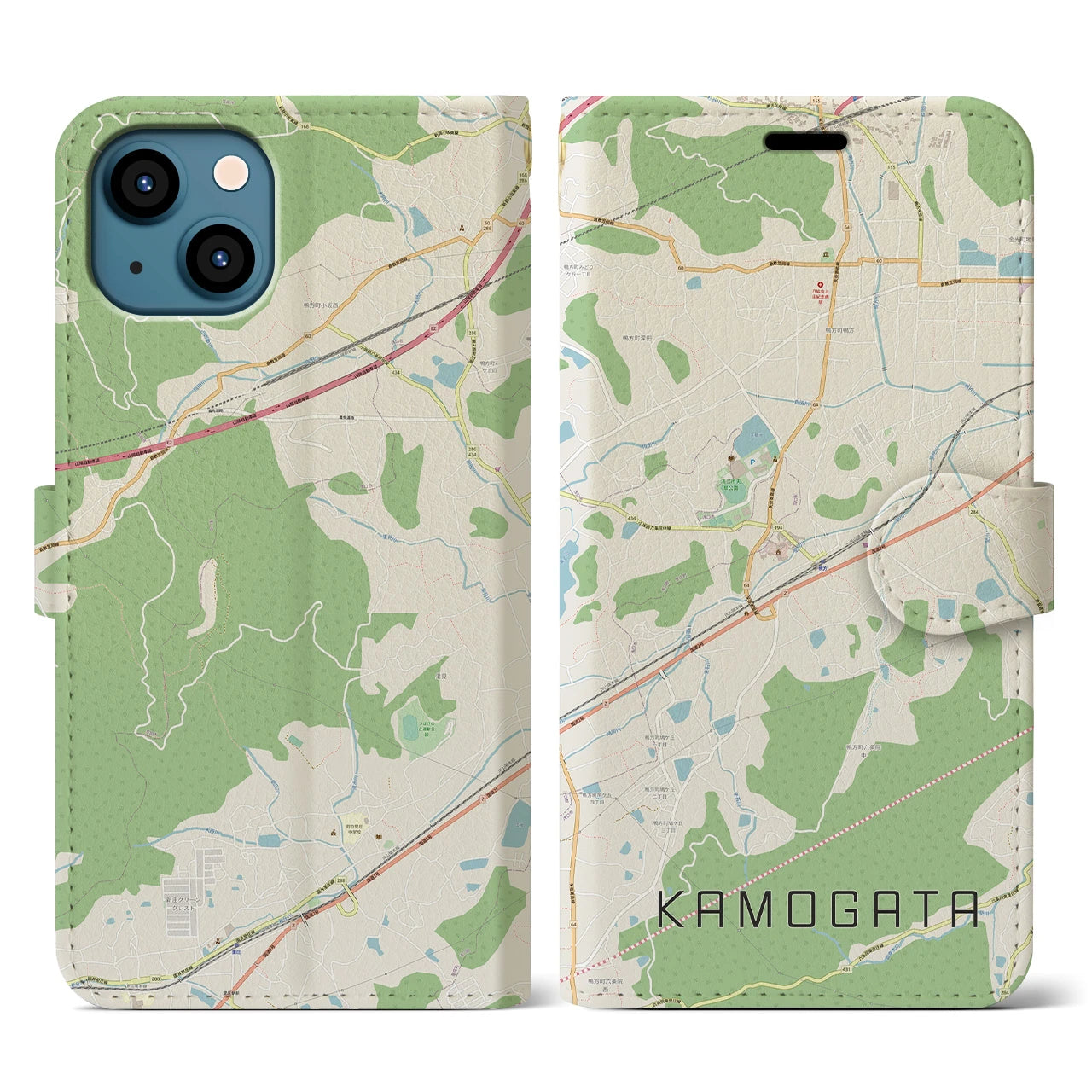 【鴨方(岡山県)】地図柄iPhoneケース(手帳タイプ)ナチュラル・iPhone 13 用