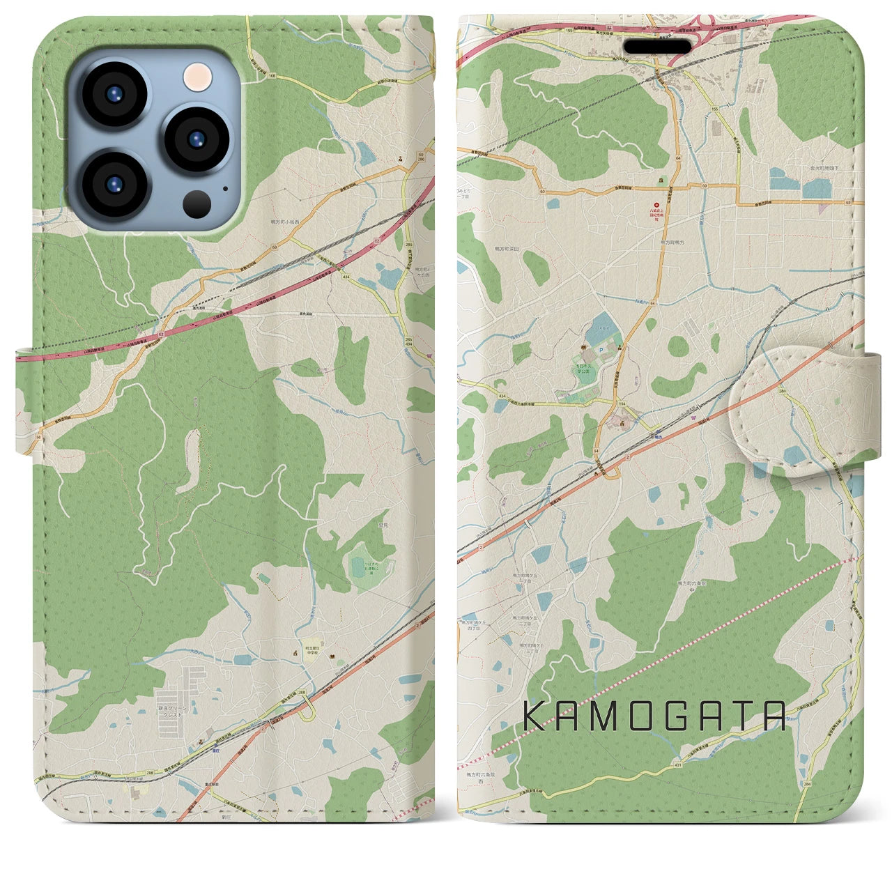 【鴨方(岡山県)】地図柄iPhoneケース(手帳タイプ)ナチュラル・iPhone 13 Pro Max 用