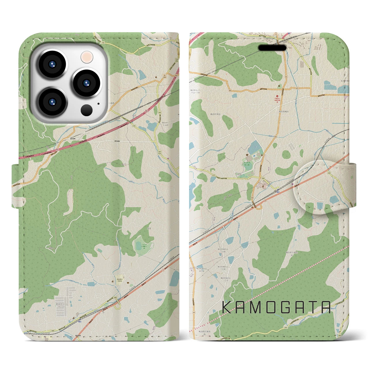 【鴨方(岡山県)】地図柄iPhoneケース(手帳タイプ)ナチュラル・iPhone 13 Pro 用