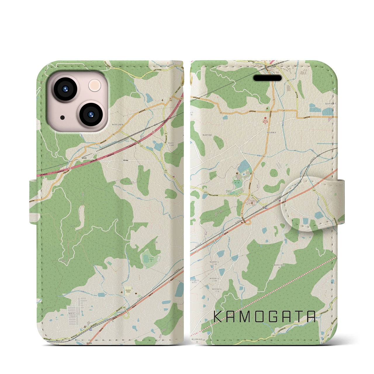【鴨方(岡山県)】地図柄iPhoneケース(手帳タイプ)ナチュラル・iPhone 13 mini 用