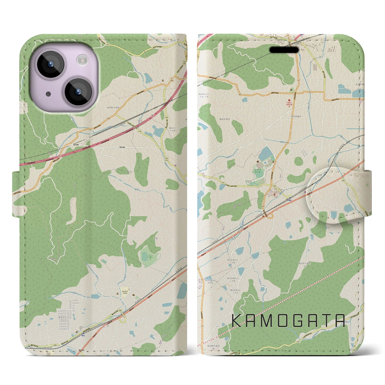 【鴨方(岡山県)】地図柄iPhoneケース(手帳タイプ)ナチュラル・iPhone 14 用