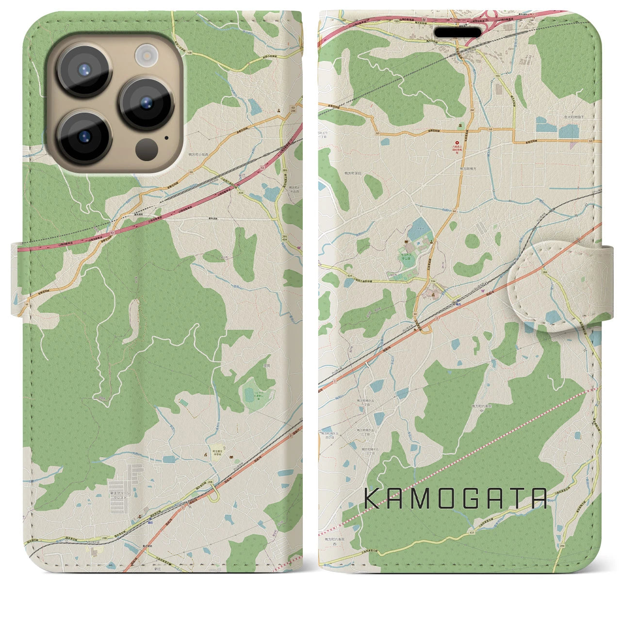 【鴨方(岡山県)】地図柄iPhoneケース(手帳タイプ)ナチュラル・iPhone 14 Pro Max 用