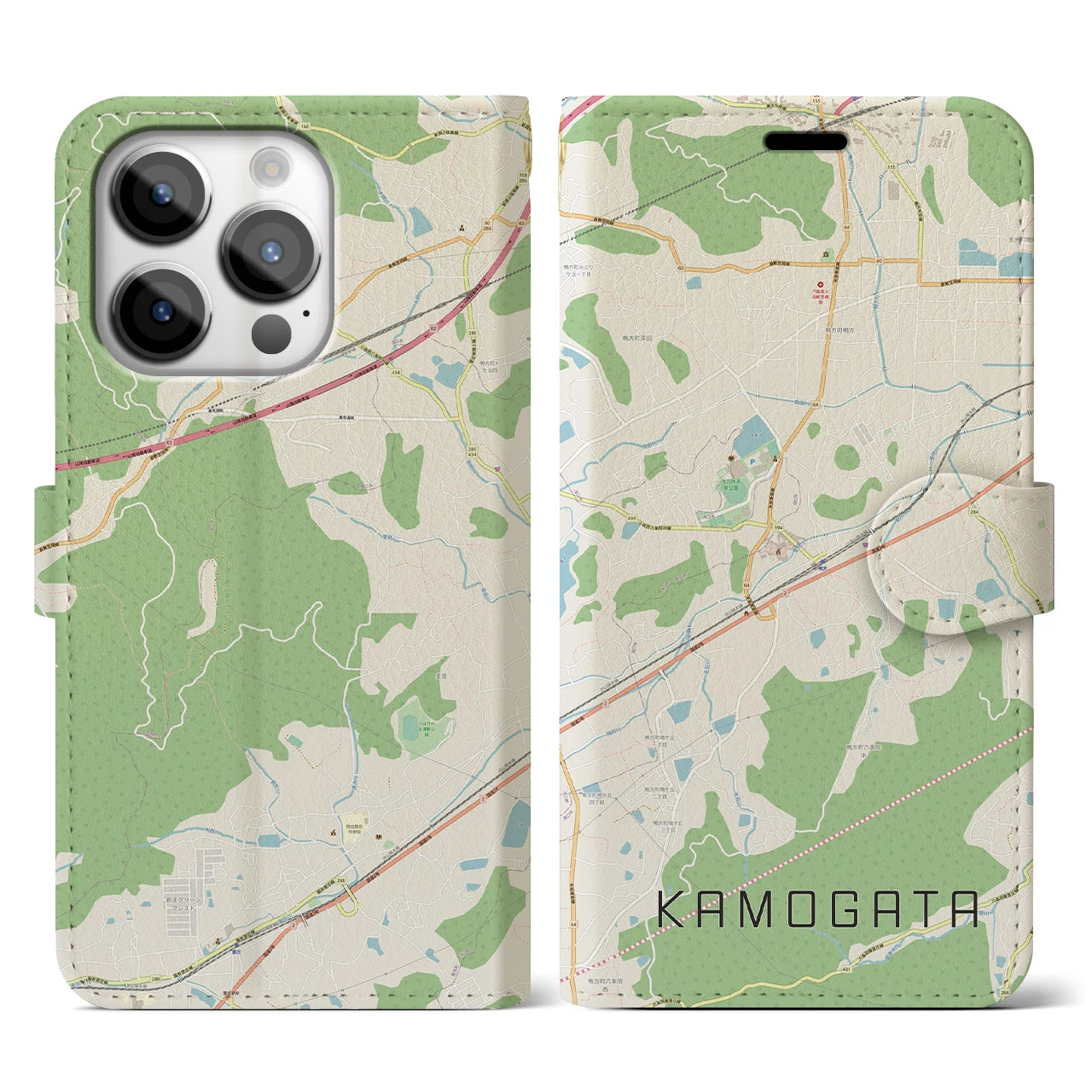【鴨方(岡山県)】地図柄iPhoneケース(手帳タイプ)ナチュラル・iPhone 14 Pro 用