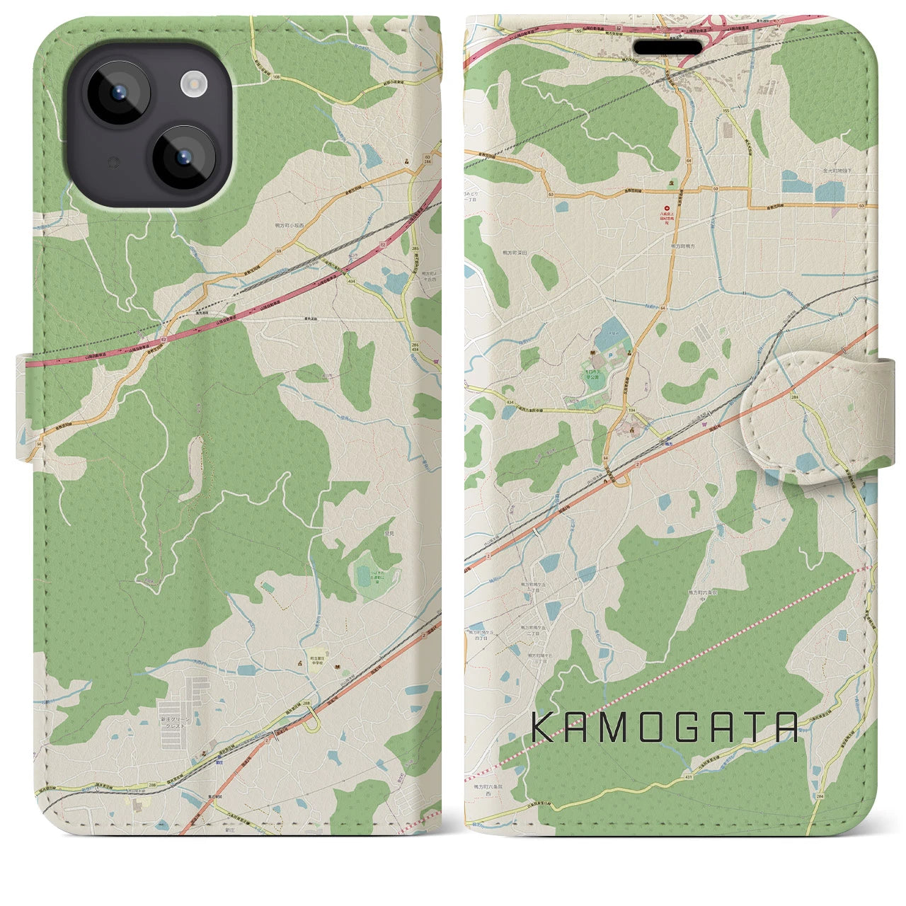 【鴨方(岡山県)】地図柄iPhoneケース(手帳タイプ)ナチュラル・iPhone 14 Plus 用
