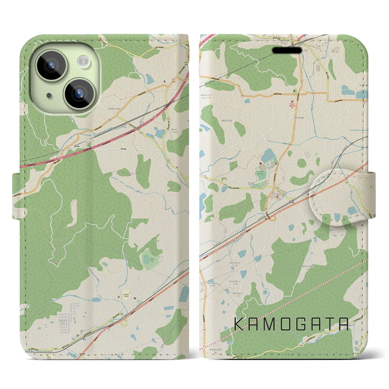 【鴨方(岡山県)】地図柄iPhoneケース(手帳タイプ)ナチュラル・iPhone 15 用