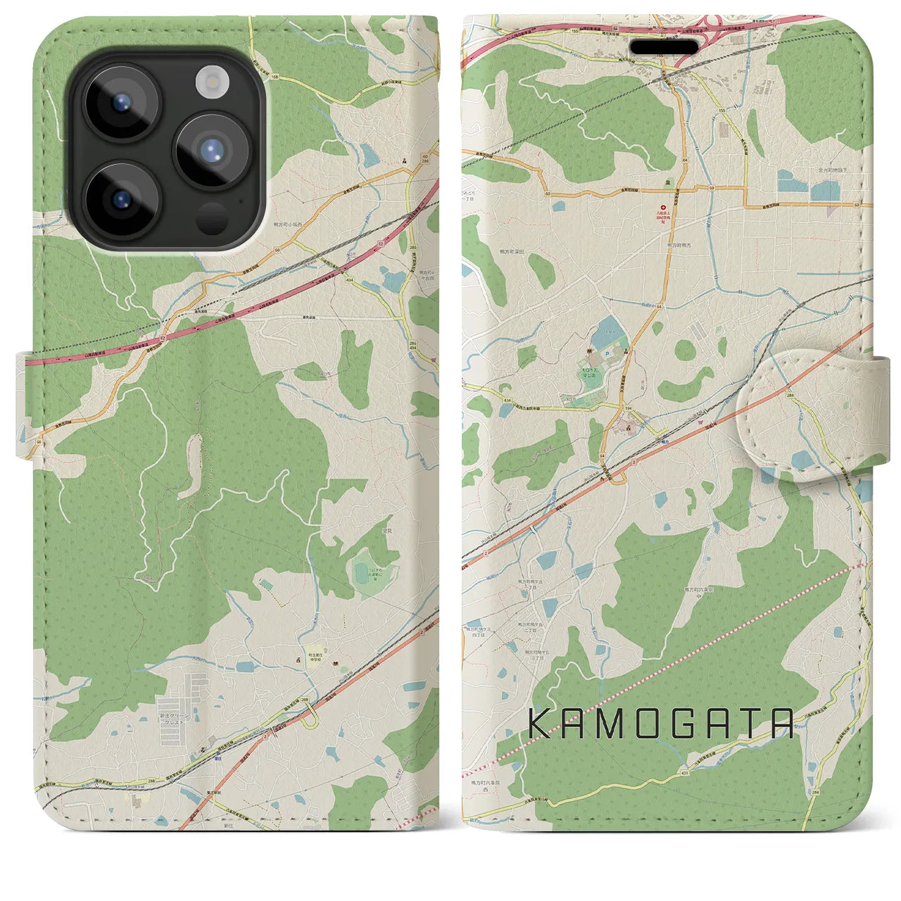 【鴨方(岡山県)】地図柄iPhoneケース(手帳タイプ)ナチュラル・iPhone 15 Pro Max 用