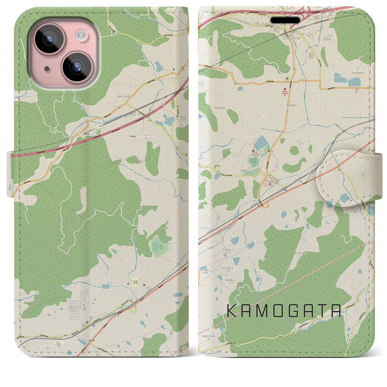 【鴨方(岡山県)】地図柄iPhoneケース(手帳タイプ)ナチュラル・iPhone 15 Plus 用