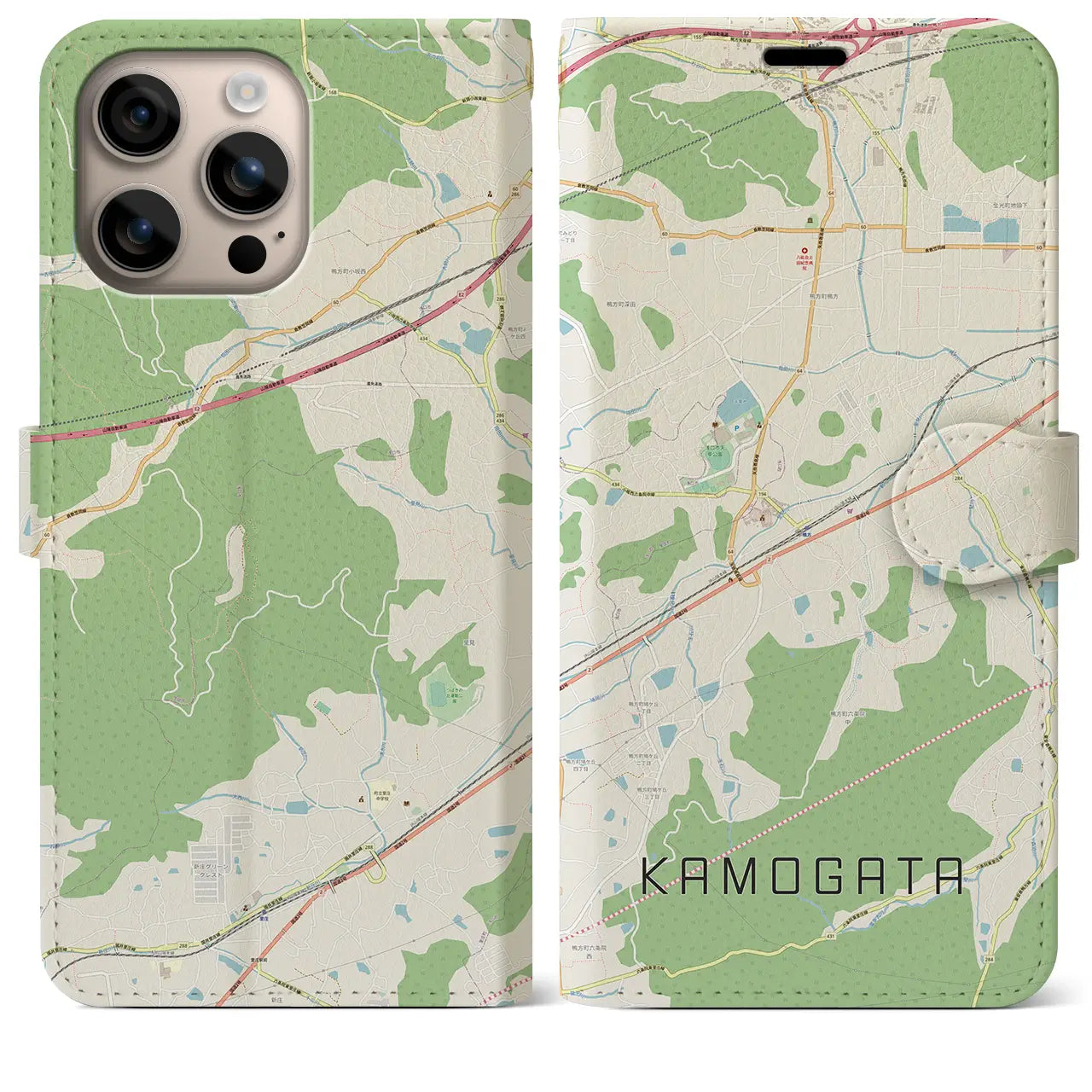【鴨方(岡山県)】地図柄iPhoneケース(手帳タイプ)ナチュラル・iPhone 16 Plus 用