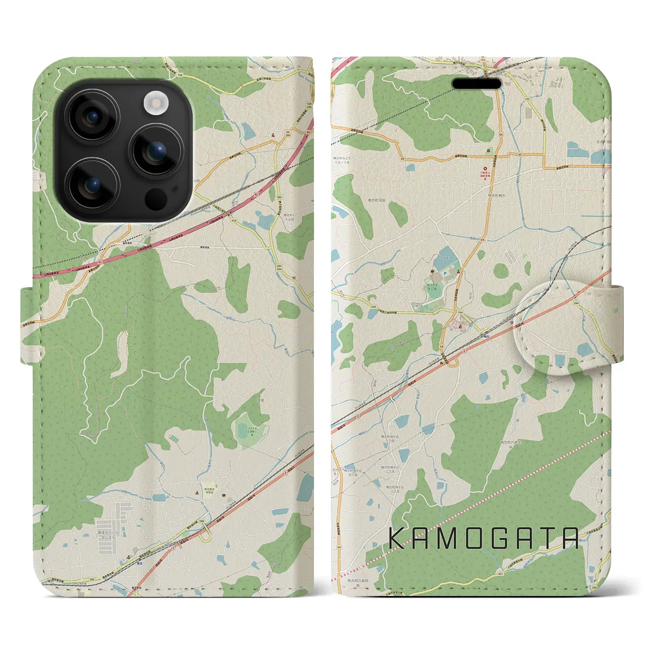 【鴨方(岡山県)】地図柄iPhoneケース(手帳タイプ)ナチュラル・iPhone 16 用