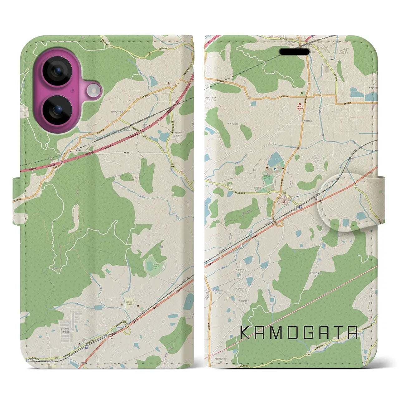 【鴨方(岡山県)】地図柄iPhoneケース(手帳タイプ)ナチュラル・iPhone 16 Pro 用