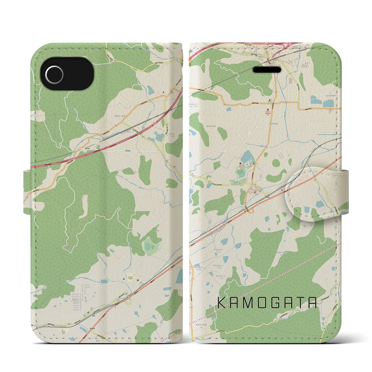 【鴨方(岡山県)】地図柄iPhoneケース(手帳タイプ)ナチュラル・iPhone SE(第3 / 第2世代) / 8 / 7 / 6s / 6 用
