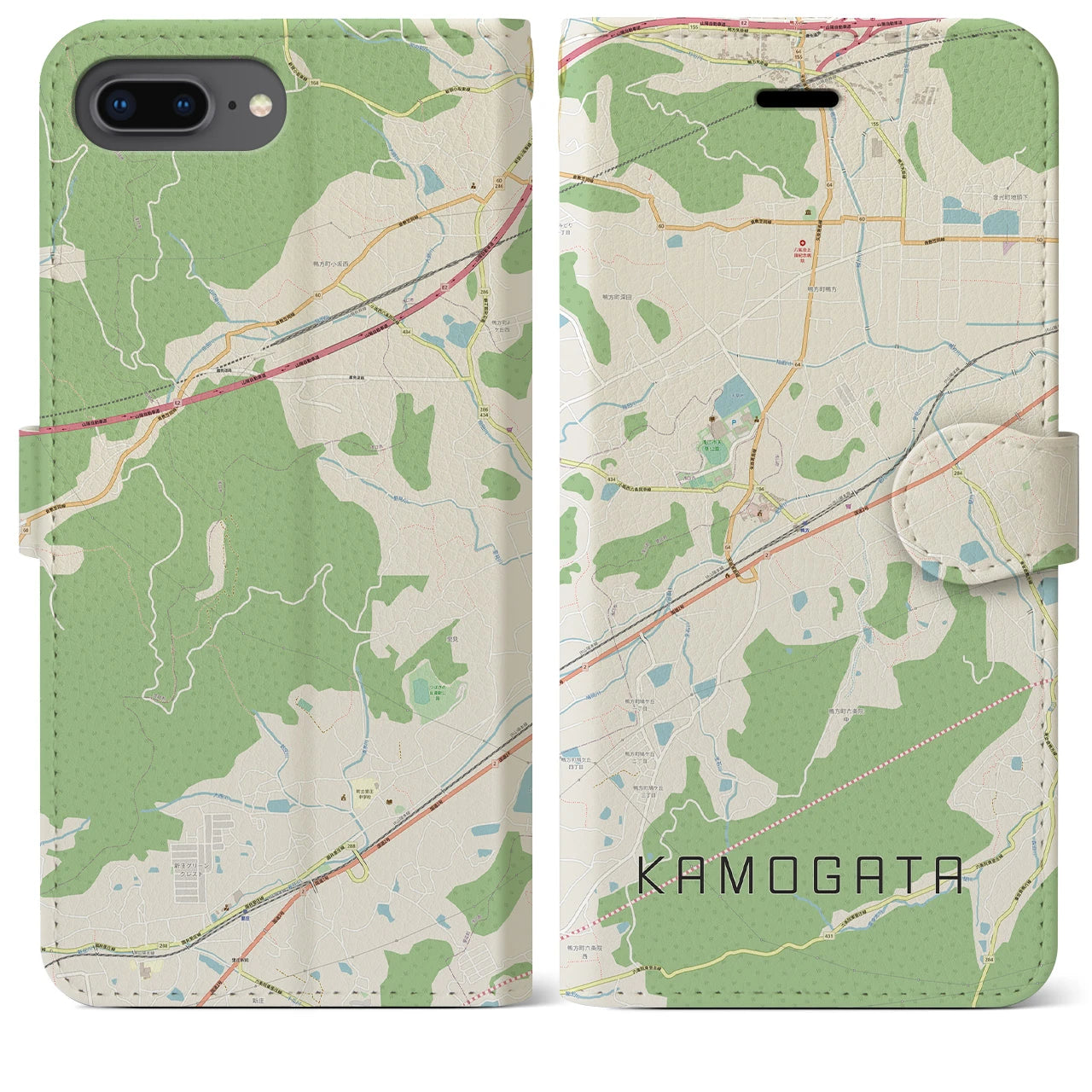 【鴨方(岡山県)】地図柄iPhoneケース(手帳タイプ)ナチュラル・iPhone 8Plus /7Plus / 6sPlus / 6Plus 用