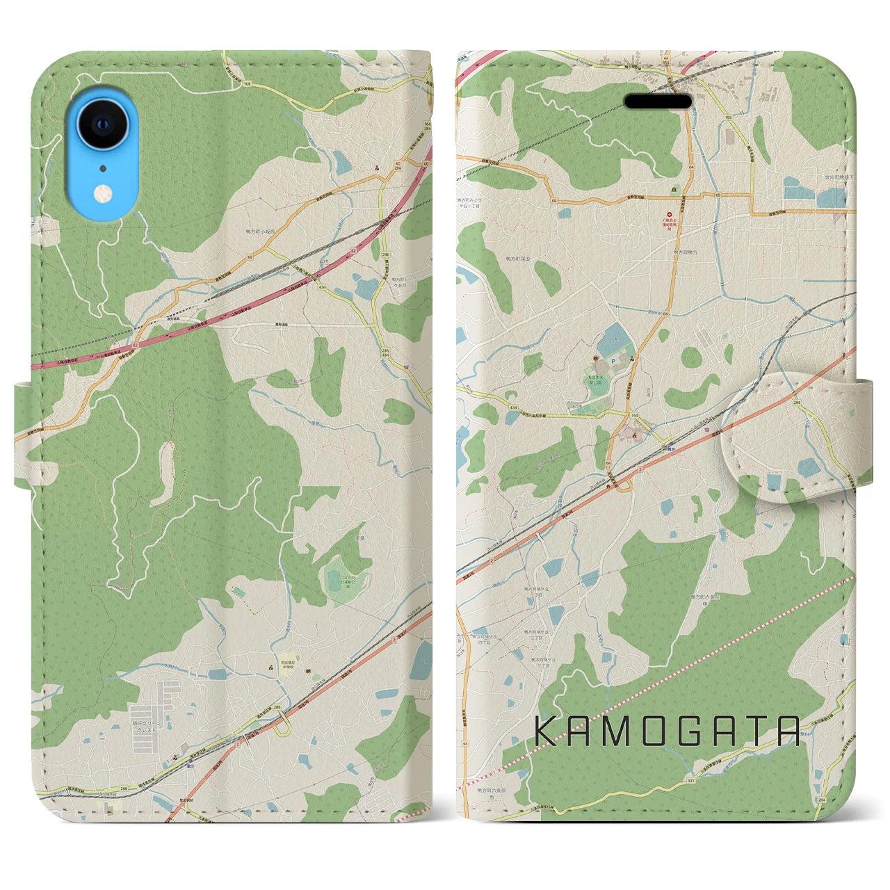 【鴨方(岡山県)】地図柄iPhoneケース(手帳タイプ)ナチュラル・iPhone XR 用
