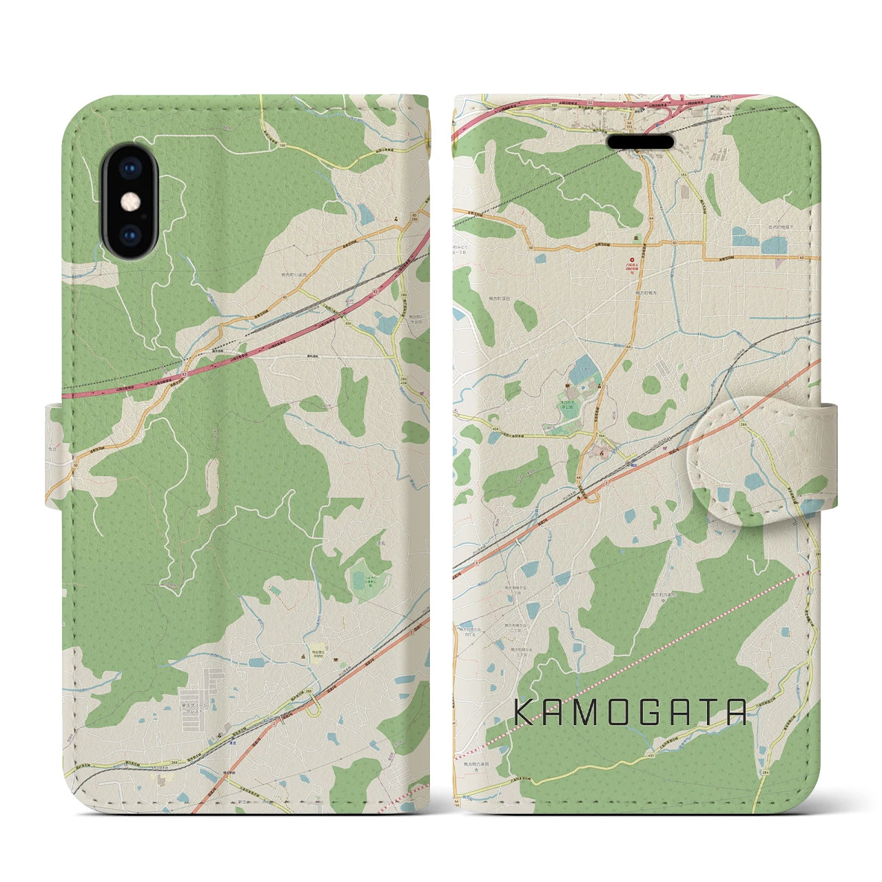 【鴨方(岡山県)】地図柄iPhoneケース(手帳タイプ)ナチュラル・iPhone XS / X 用
