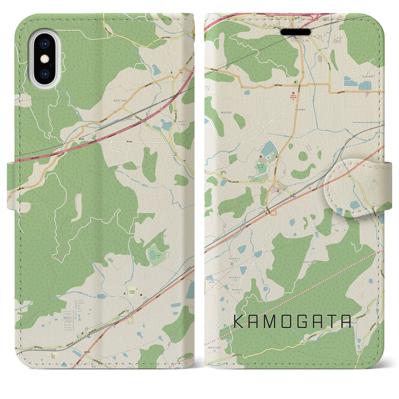 【鴨方(岡山県)】地図柄iPhoneケース(手帳タイプ)ナチュラル・iPhone XS Max 用