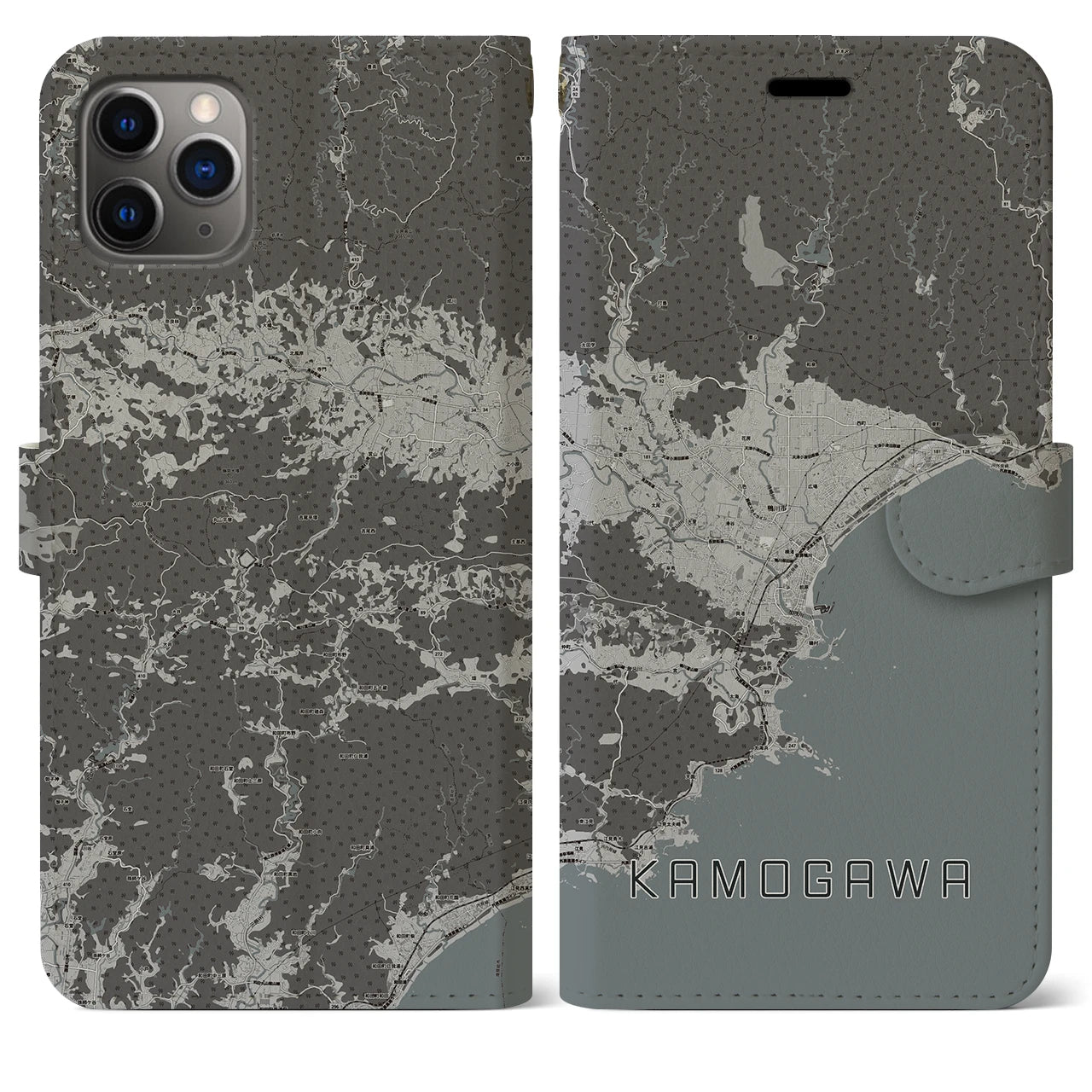 【鴨川(千葉県)】地図柄iPhoneケース(手帳タイプ)モノトーン・iPhone 11 Pro Max 用