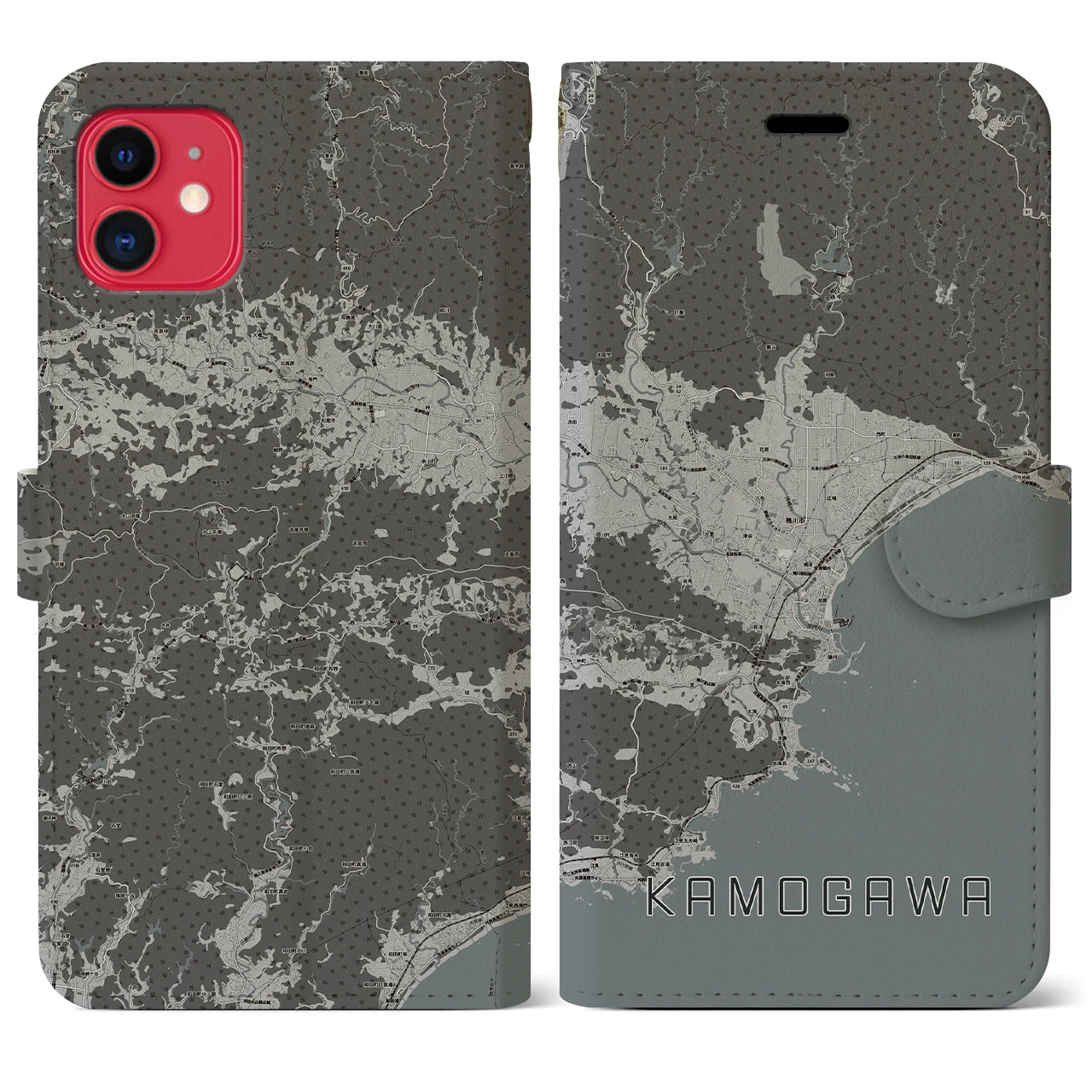 【鴨川(千葉県)】地図柄iPhoneケース(手帳タイプ)モノトーン・iPhone 11 用