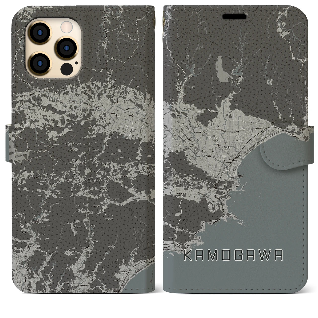 【鴨川(千葉県)】地図柄iPhoneケース(手帳タイプ)モノトーン・iPhone 12 Pro Max 用