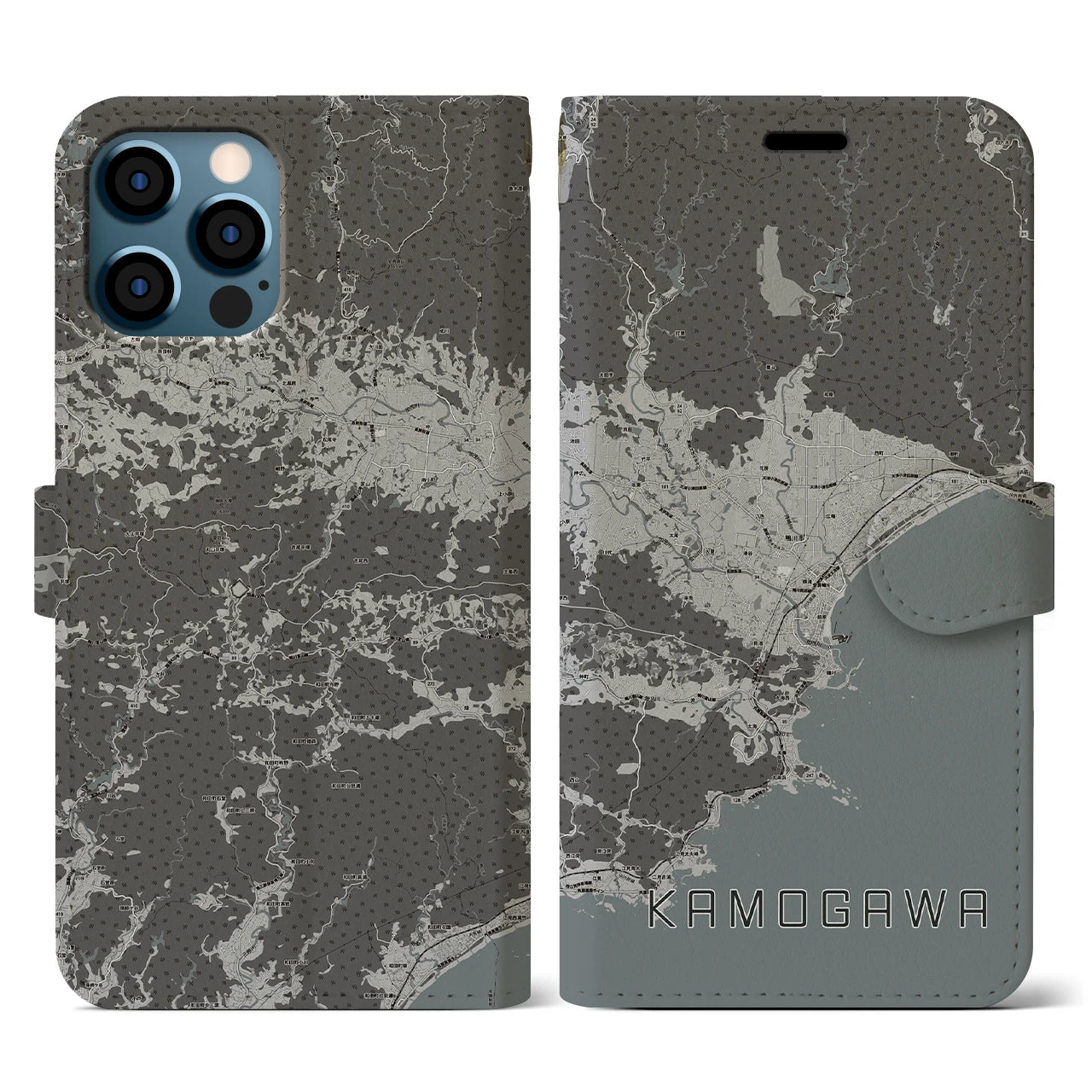 【鴨川(千葉県)】地図柄iPhoneケース(手帳タイプ)モノトーン・iPhone 12 / 12 Pro 用