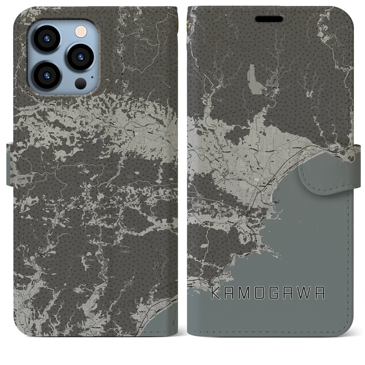 【鴨川(千葉県)】地図柄iPhoneケース(手帳タイプ)モノトーン・iPhone 13 Pro Max 用