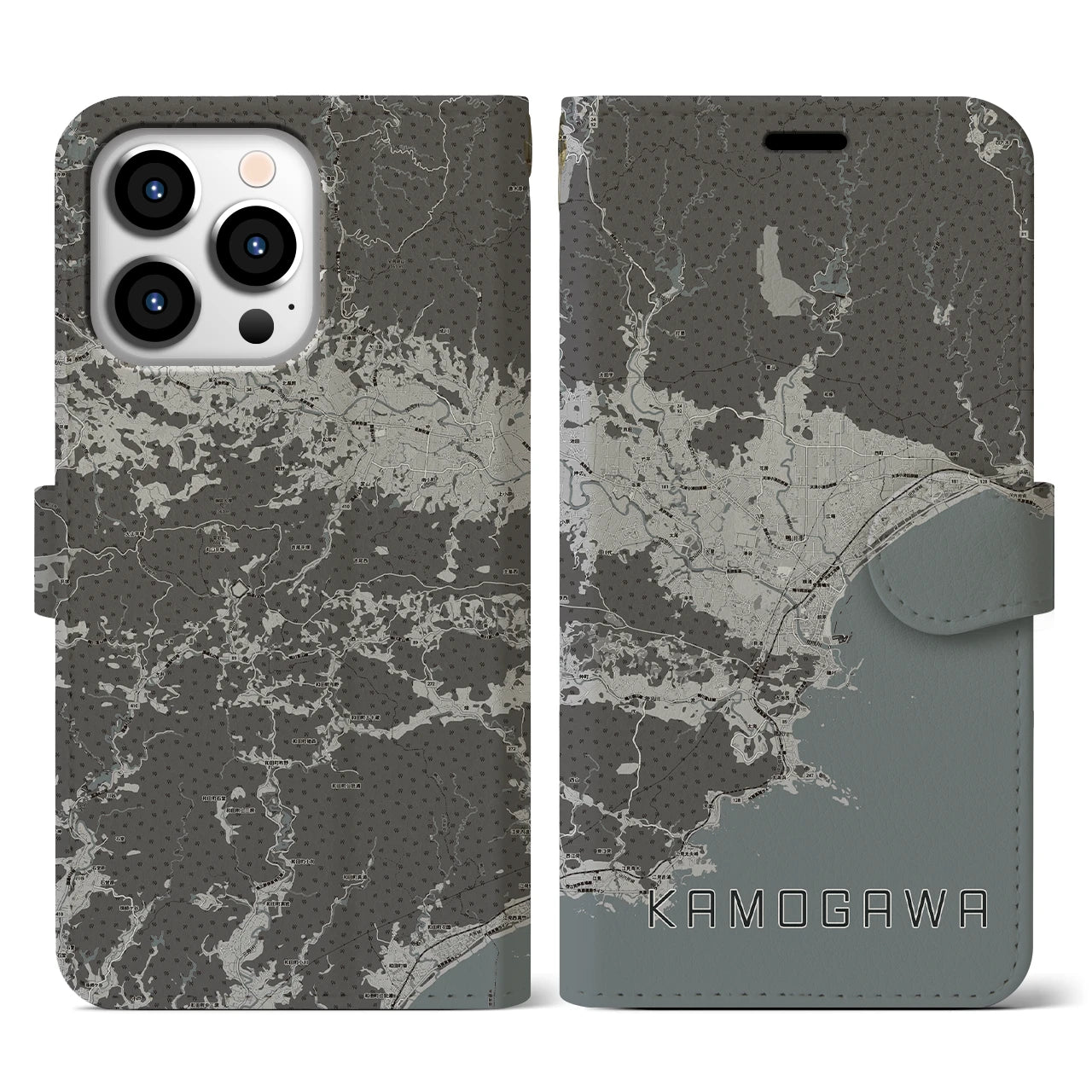 【鴨川(千葉県)】地図柄iPhoneケース(手帳タイプ)モノトーン・iPhone 13 Pro 用