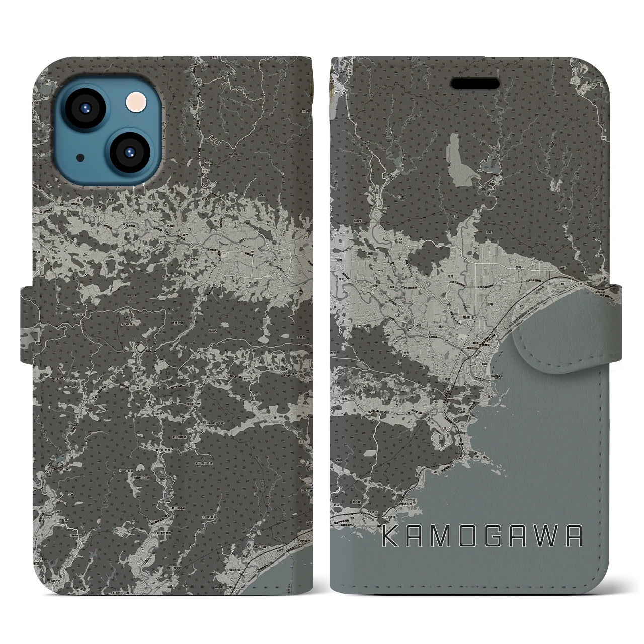 【鴨川(千葉県)】地図柄iPhoneケース(手帳タイプ)モノトーン・iPhone 13 用