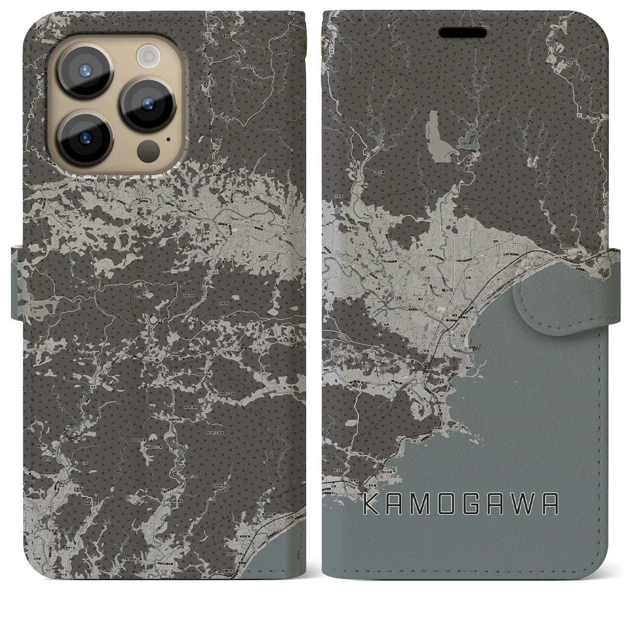 【鴨川(千葉県)】地図柄iPhoneケース(手帳タイプ)モノトーン・iPhone 14 Pro Max 用