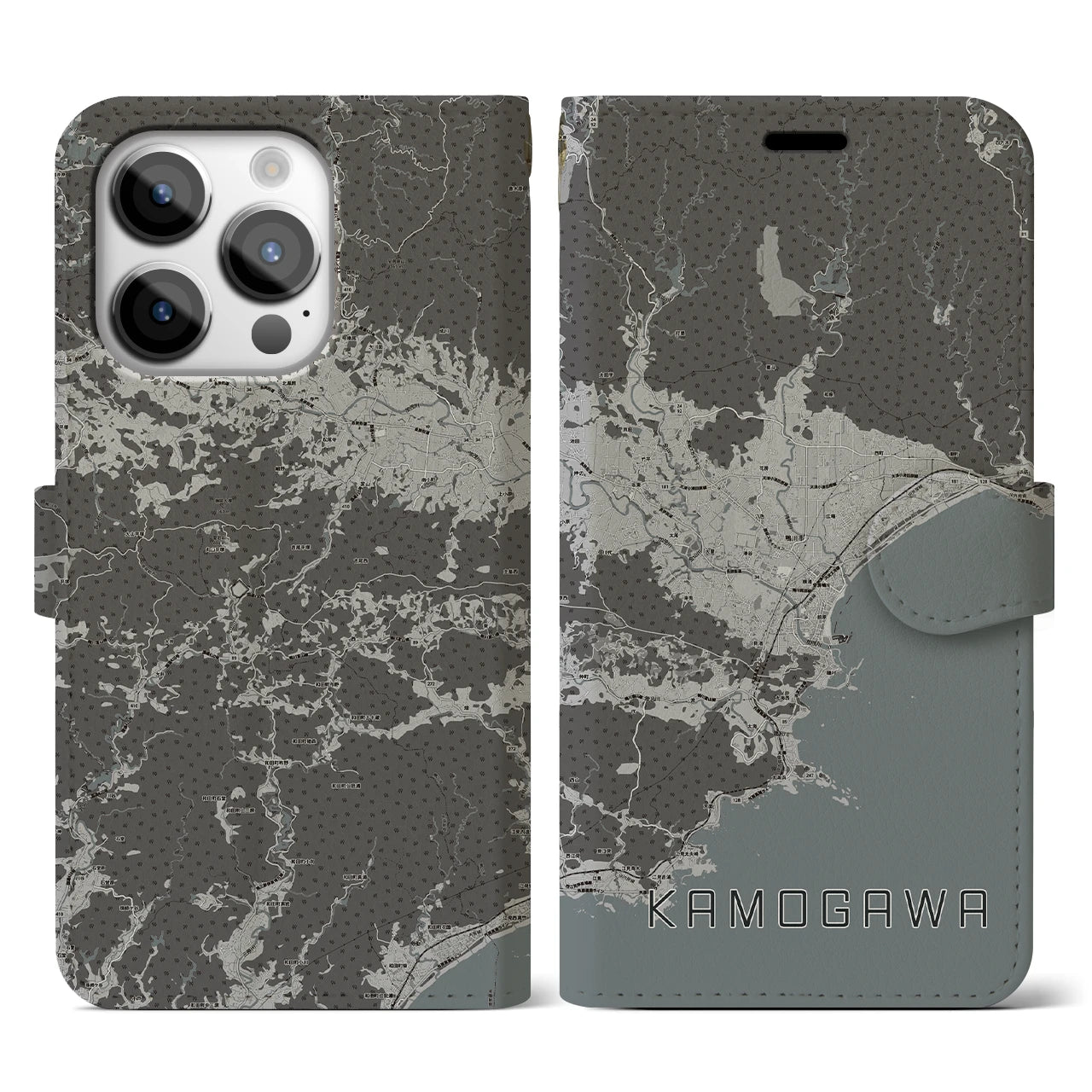 【鴨川(千葉県)】地図柄iPhoneケース(手帳タイプ)モノトーン・iPhone 14 Pro 用