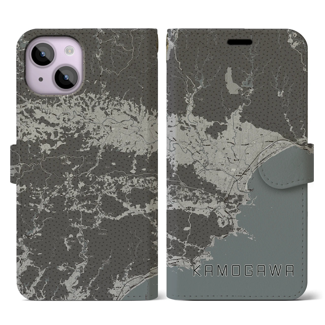 【鴨川(千葉県)】地図柄iPhoneケース(手帳タイプ)モノトーン・iPhone 14 用