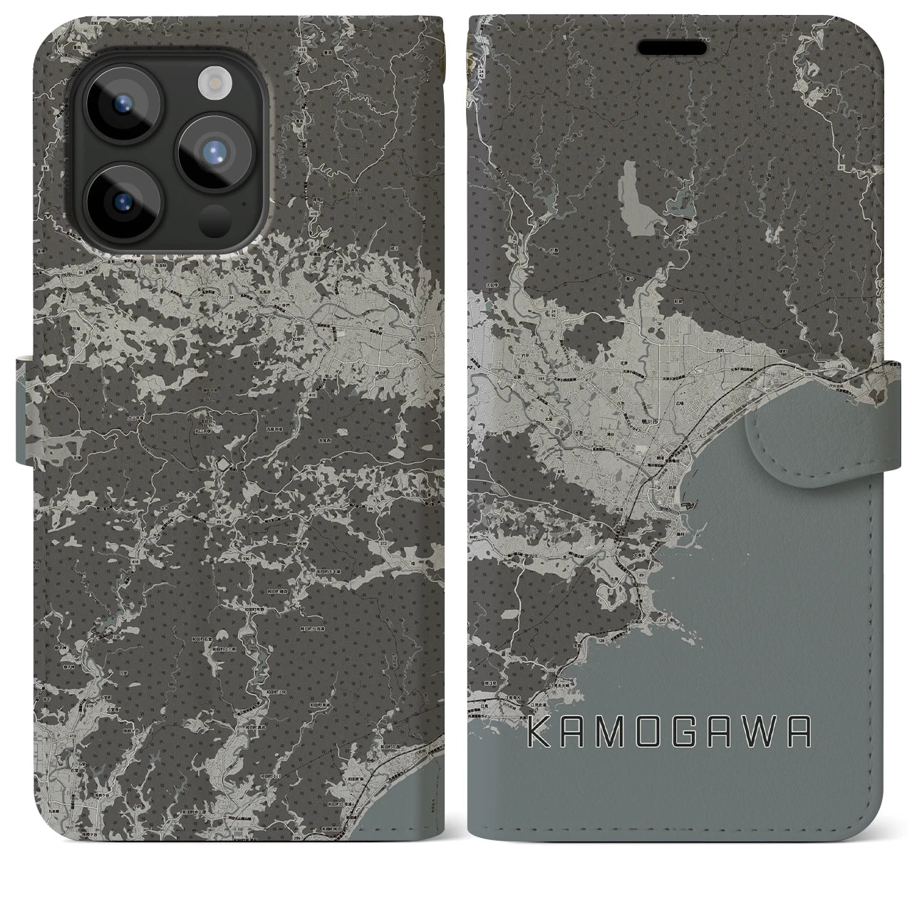 【鴨川(千葉県)】地図柄iPhoneケース(手帳タイプ)モノトーン・iPhone 15 Pro Max 用