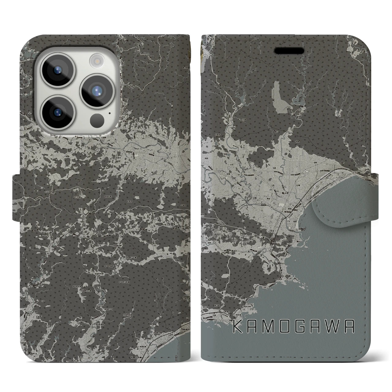 【鴨川(千葉県)】地図柄iPhoneケース(手帳タイプ)モノトーン・iPhone 15 Pro 用