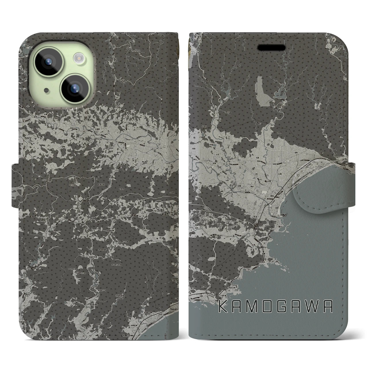 【鴨川(千葉県)】地図柄iPhoneケース(手帳タイプ)モノトーン・iPhone 15 用