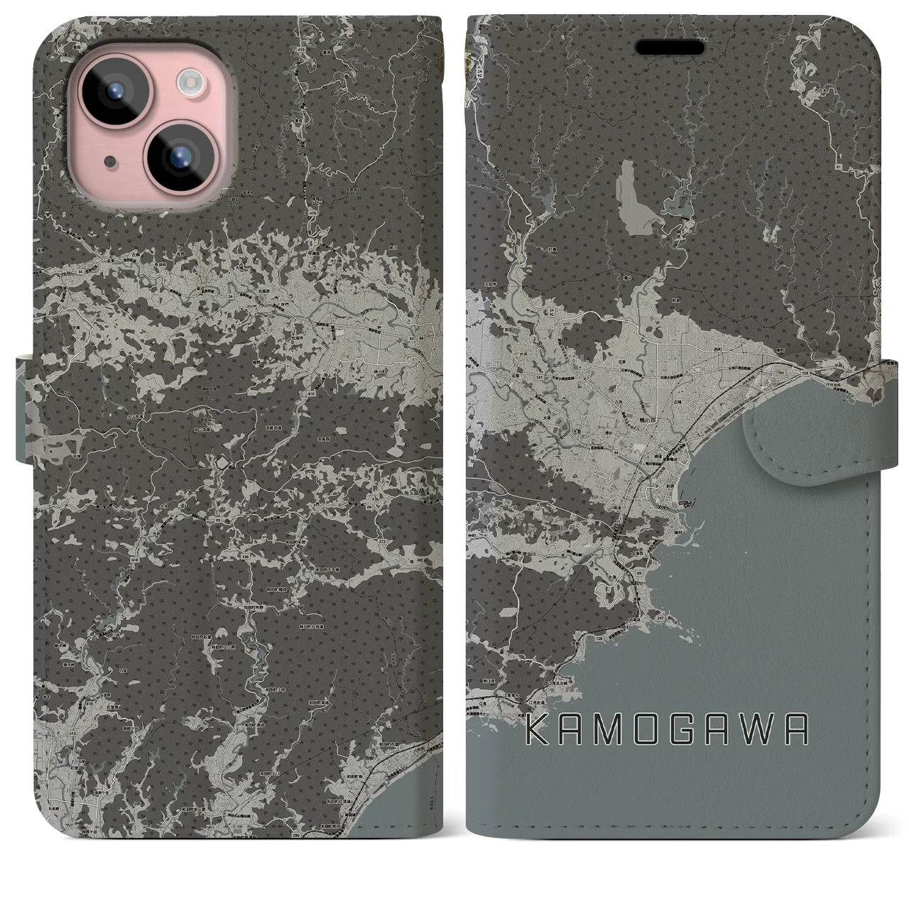【鴨川(千葉県)】地図柄iPhoneケース(手帳タイプ)モノトーン・iPhone 15 Plus 用