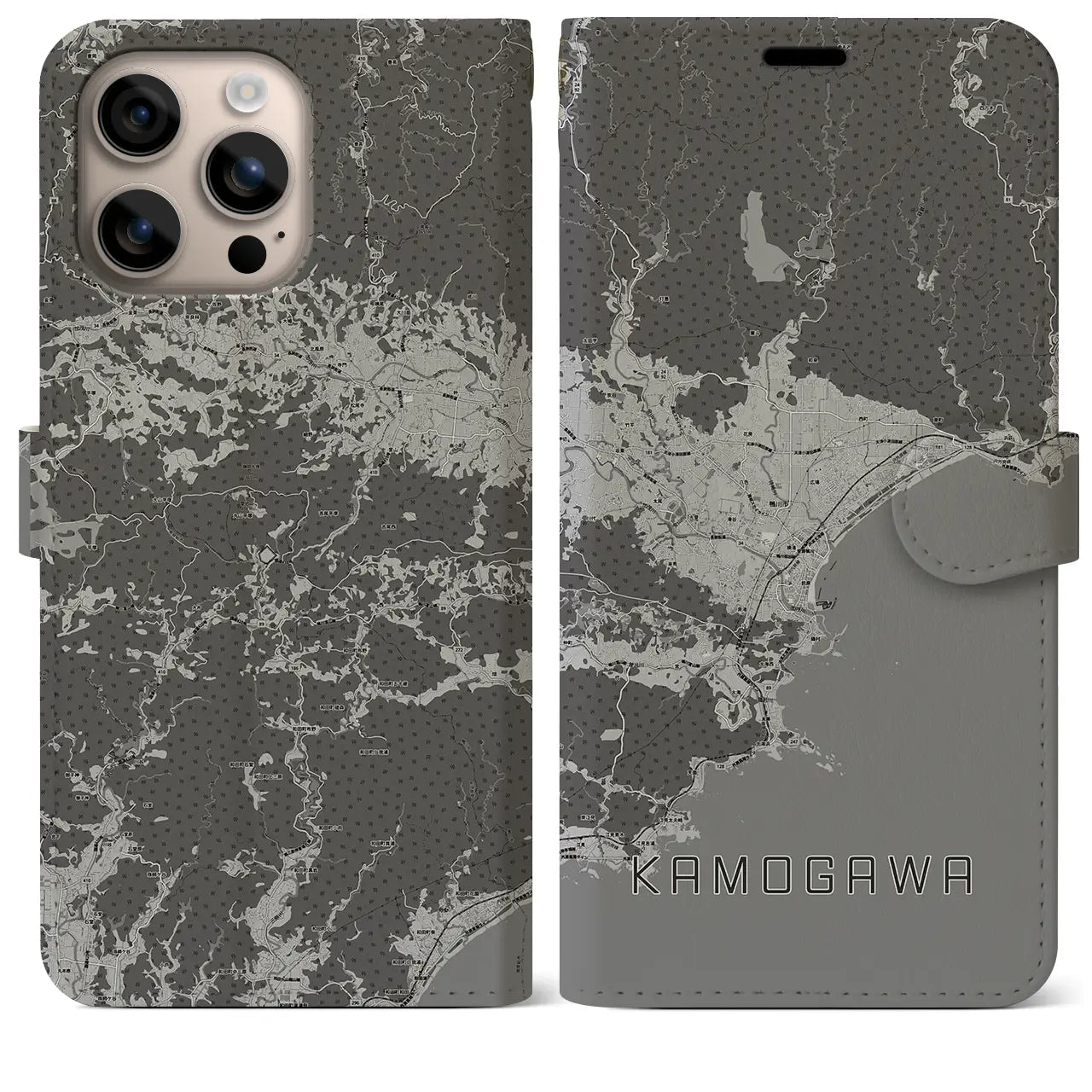 【鴨川(千葉県)】地図柄iPhoneケース(手帳タイプ)モノトーン・iPhone 16 Plus 用