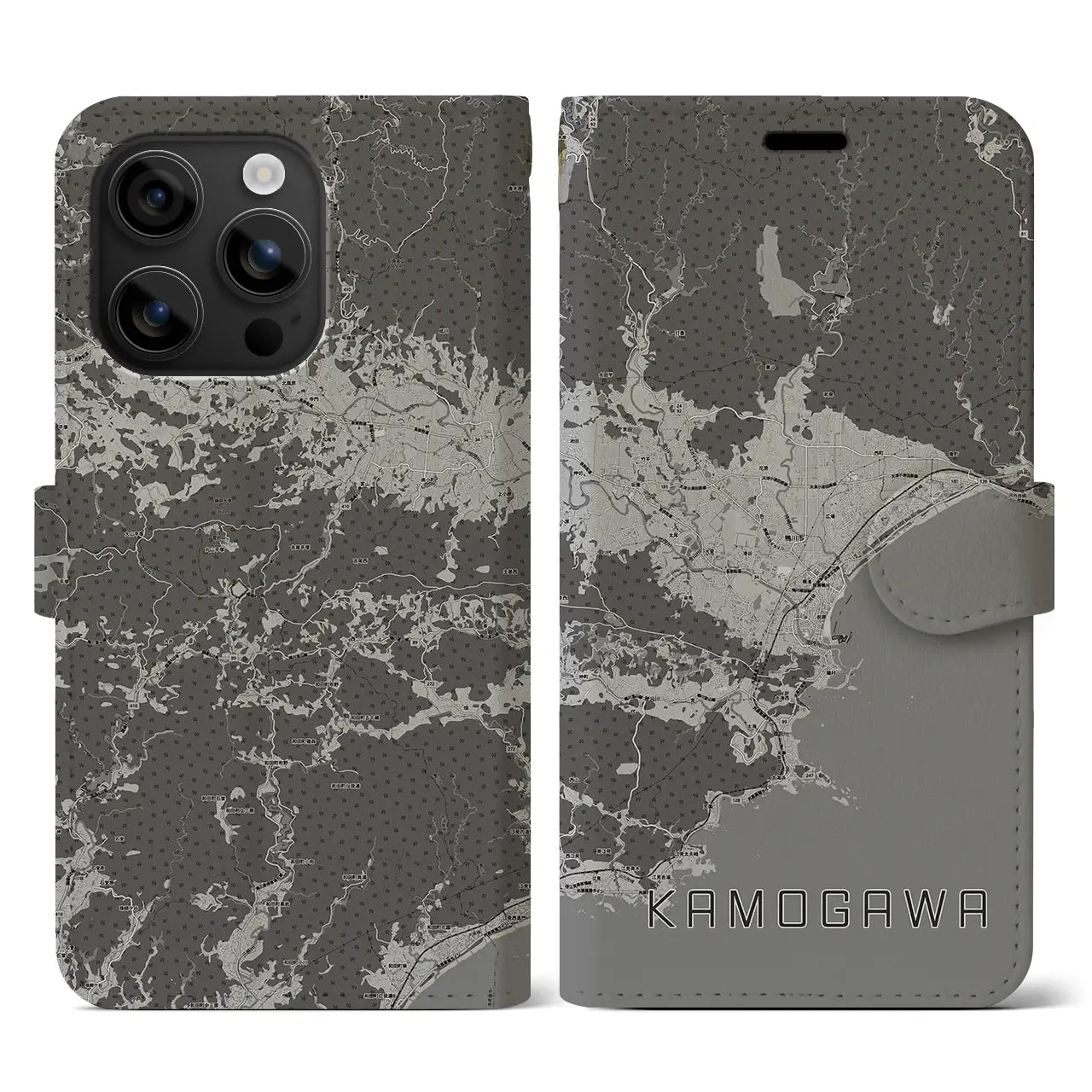 【鴨川(千葉県)】地図柄iPhoneケース(手帳タイプ)モノトーン・iPhone 16 用