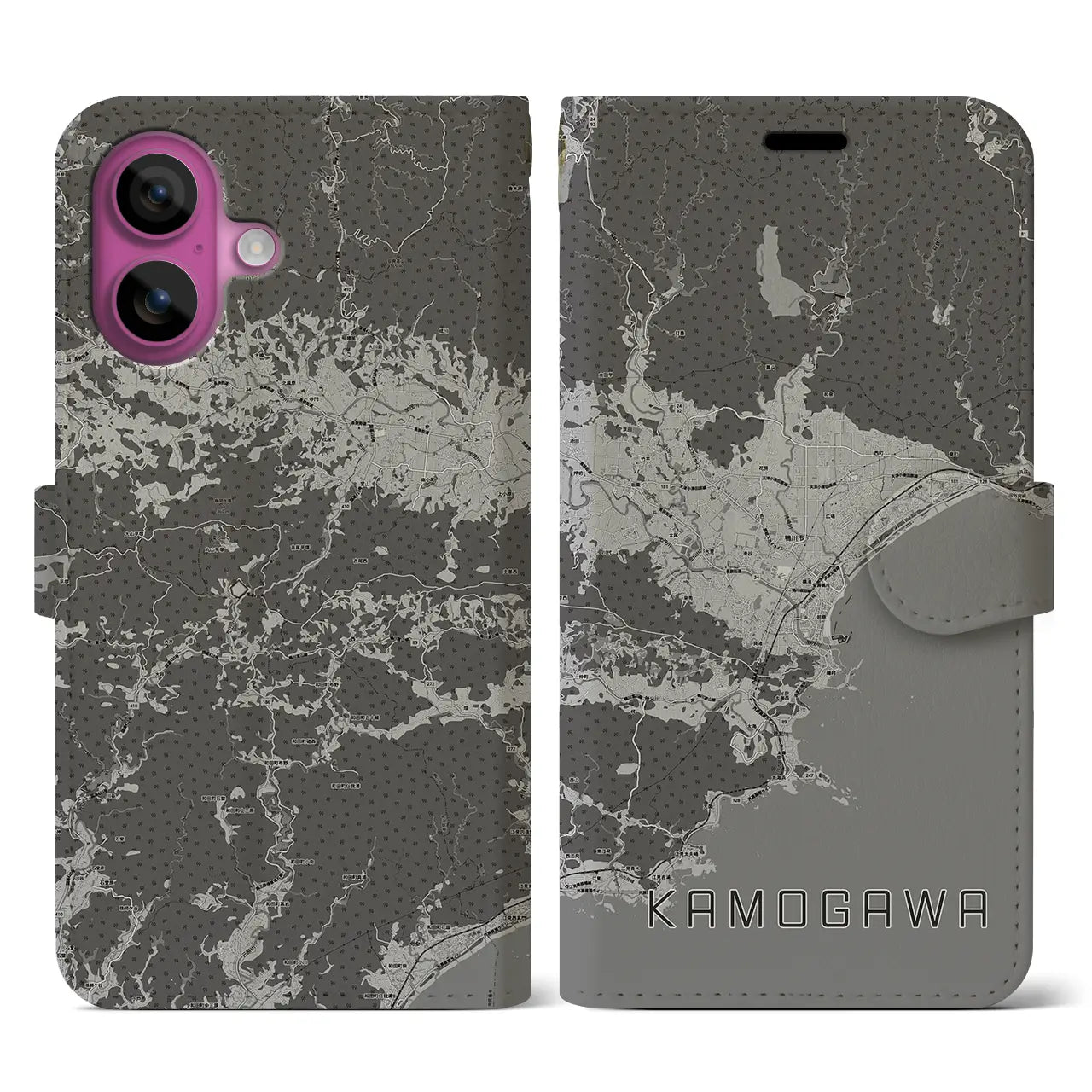 【鴨川(千葉県)】地図柄iPhoneケース(手帳タイプ)モノトーン・iPhone 16 Pro 用