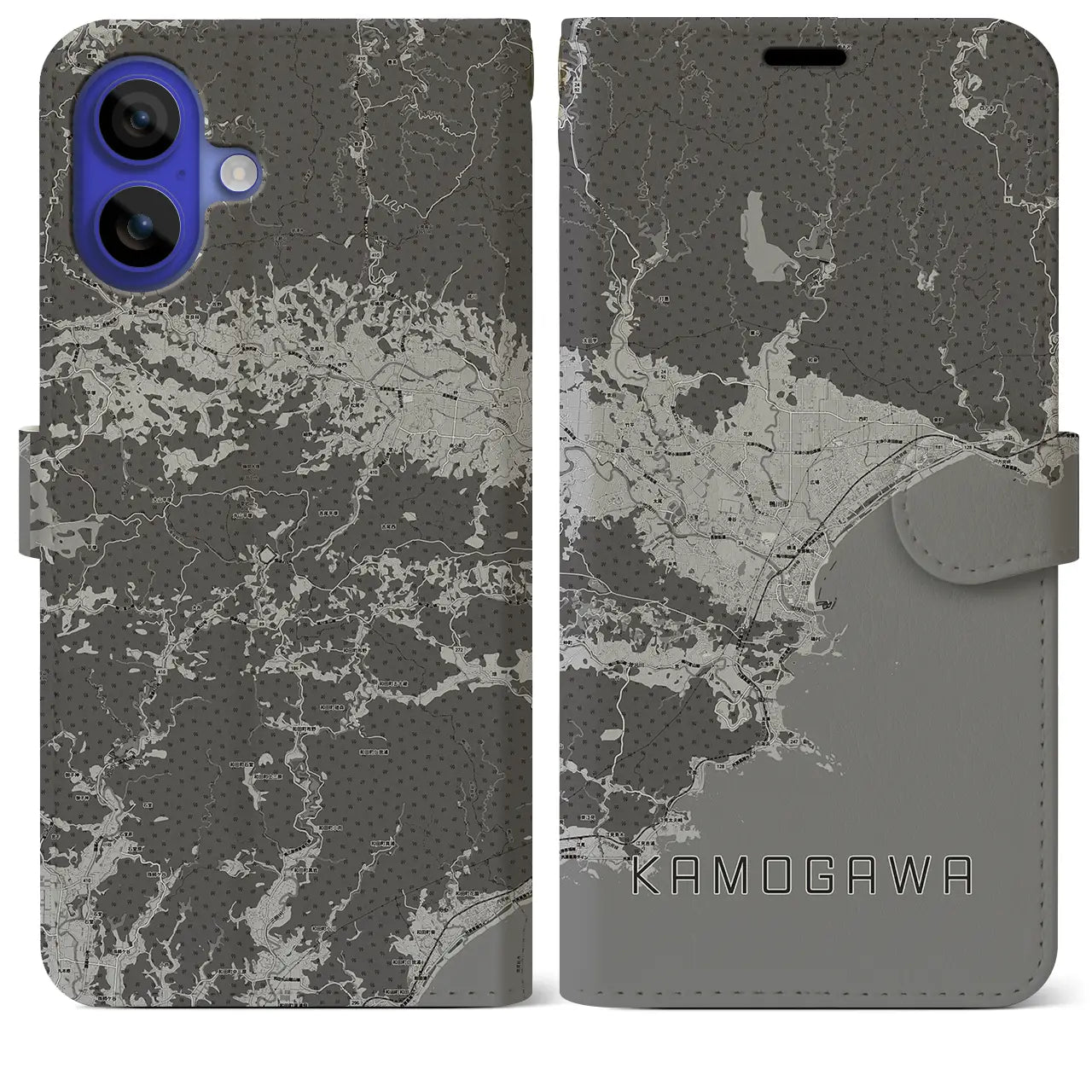 【鴨川(千葉県)】地図柄iPhoneケース(手帳タイプ)モノトーン・iPhone 16 Pro Max 用